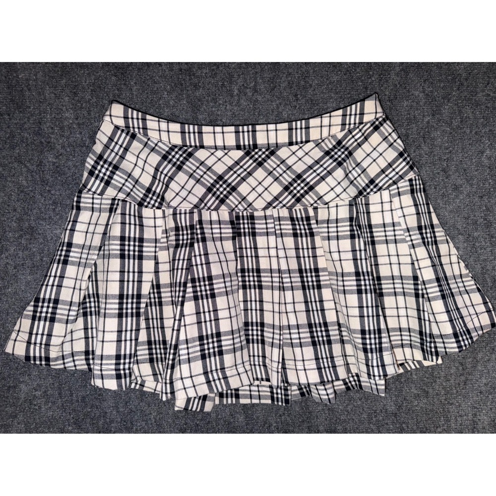 Y2K Vanilla Star Plaid Pleated Mini Skirt Black White Schoolgirl Preppy M
